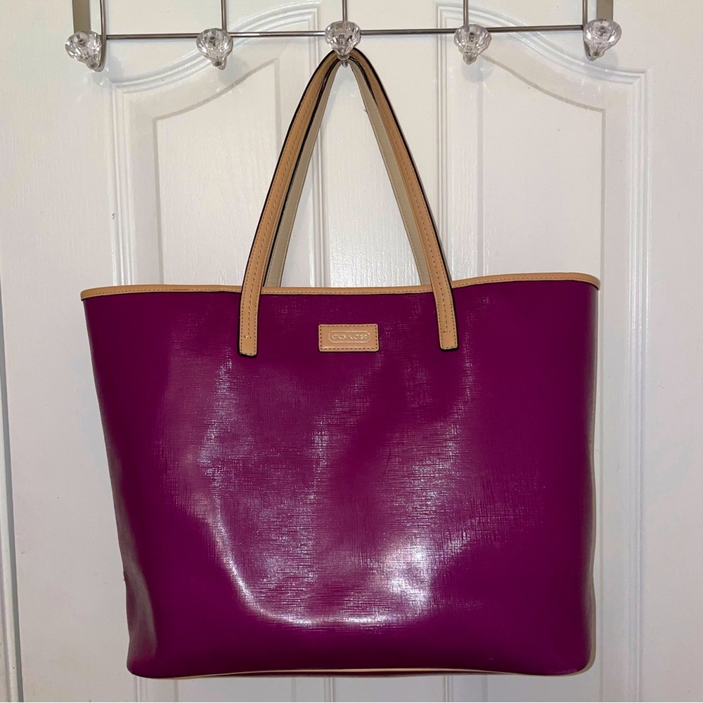 Coach Purple Tote Bag with Tan Trim